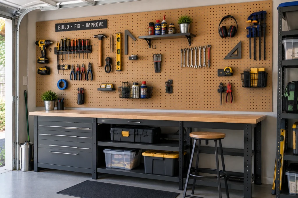 Flexible garage pegboard wall with movable tool holders and open space for future tools.