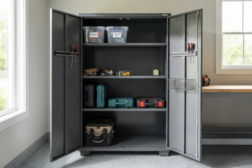 An open, well-organized metal garage cabinet with deliberate empty space on each shelf for future items and better accessibility.