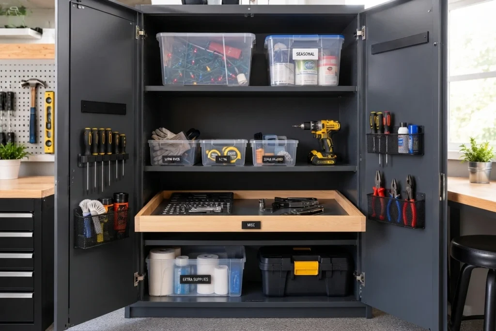 Open garage cabinet with shelves organized by access frequency, featuring bins for daily, weekly, and seasonal items.