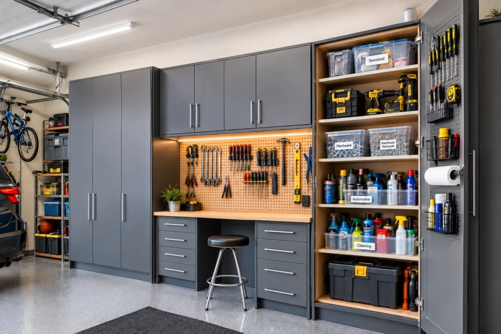 Organized garage cabinets with tools, storage bins, and supplies.