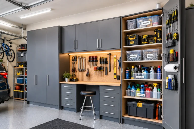 Organized garage cabinets with tools, storage bins, and supplies.