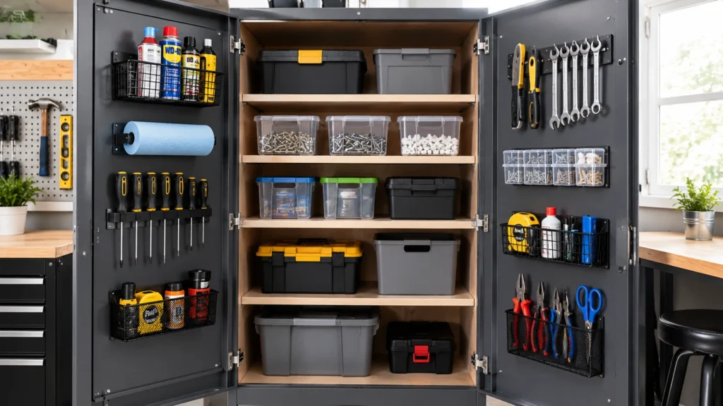 An open, dark grey metal garage cabinet thoroughly organized with shelves, plastic bins, toolboxes, and door-mounted storage racks.
