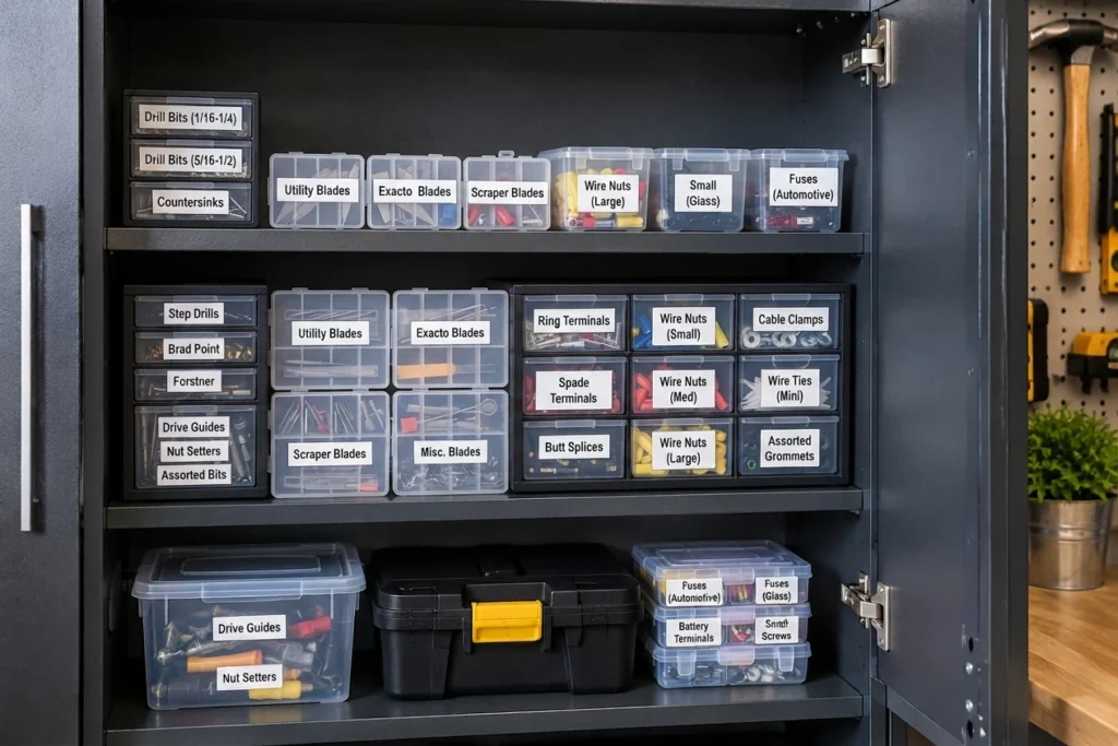 Garage cabinet organized with small drawer organizers and compact containers for tiny items like drill bits and electrical connectors.