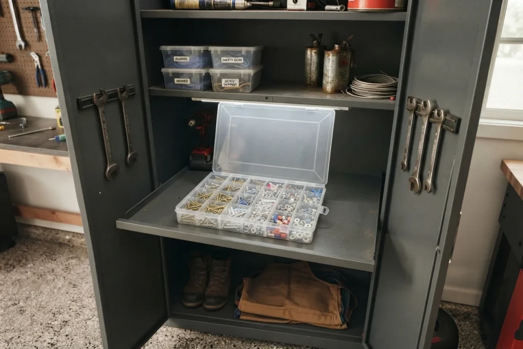 An open dark grey metal garage cabinet showcasing a professional pull-out shelf with a transparent small parts organizer filled with sorted screws, nuts, and bolts.