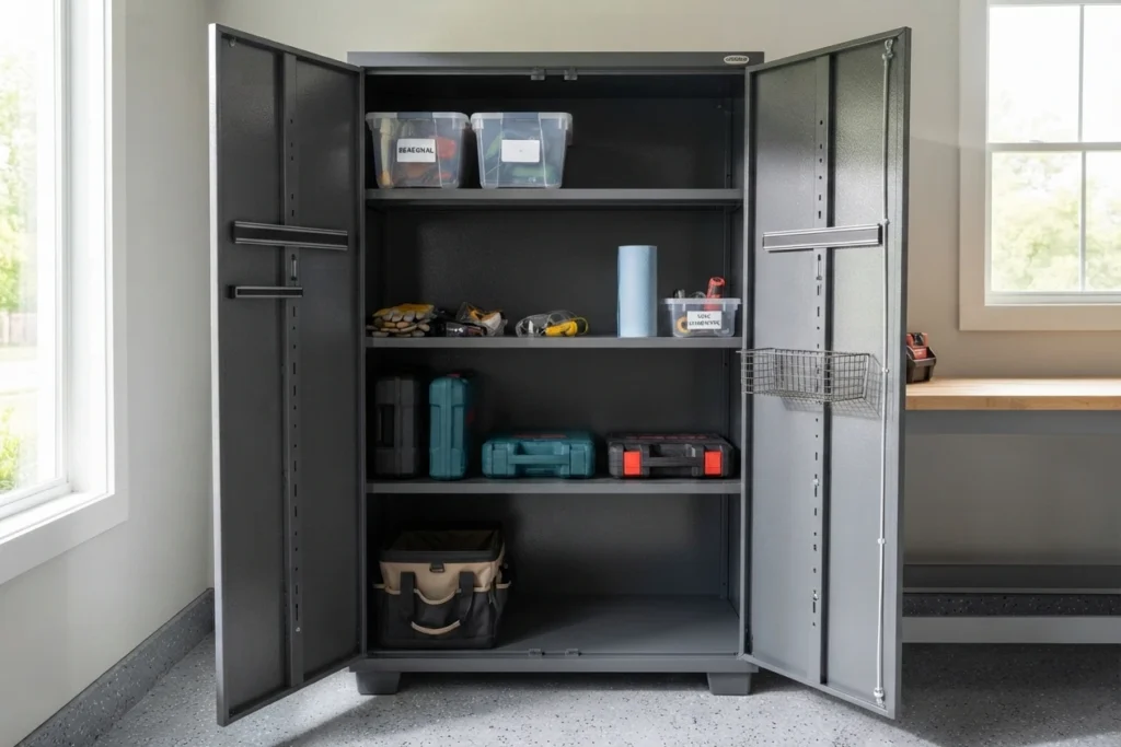 An open dark grey metal garage cabinet featuring adjustable shelves with intentional open space and flexible room for future tool and gear expansion.