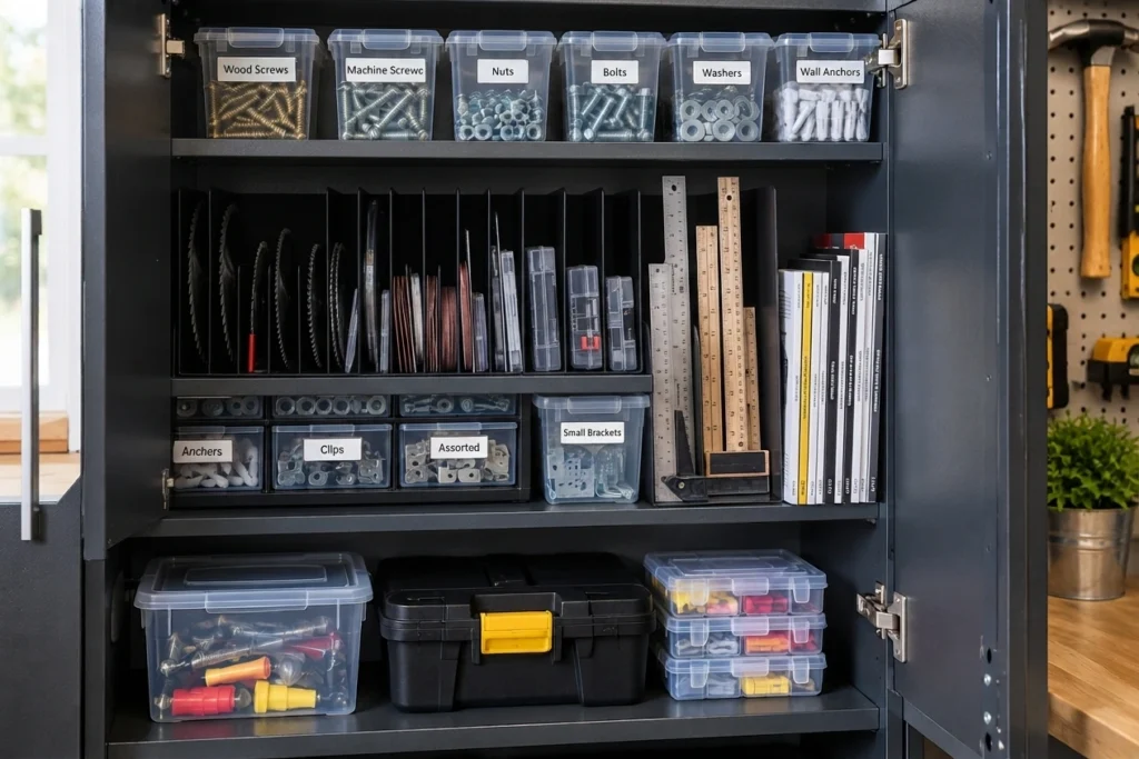An open garage storage cabinet with vertical dividers organizing flat tools such as saw blades, rulers, and manual booklets.