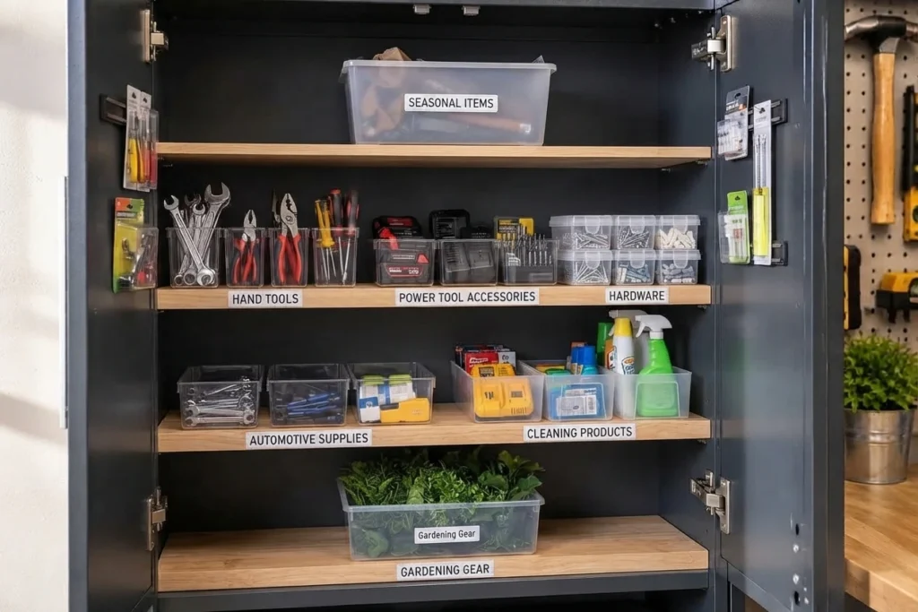 An open garage storage cabinet with shelves organized into zones, each marked with a clear label like 'Hand Tools' and 'Power Tools'.