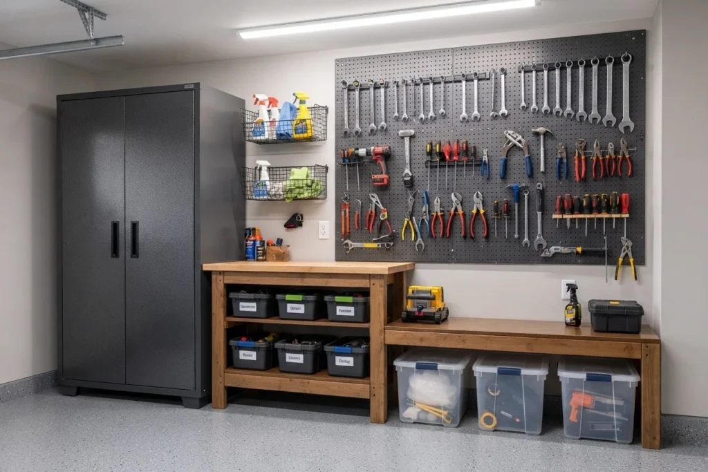 An organized American garage workshop showing a tall metal cabinet integrated with a large metal pegboard wall, open shelves, and under-bench storage.