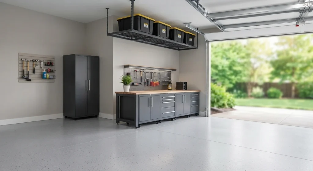 A wide-angle photograph of a clean, well-organized residential garage with ample empty floor space for parking, featuring a modest workbench and overhead storage.