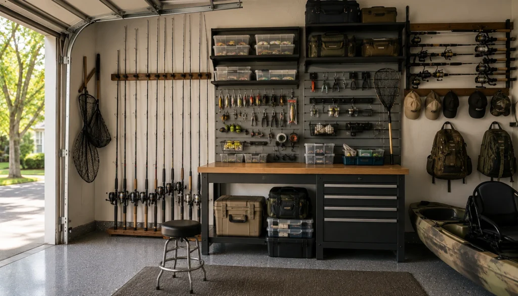 Organized garage fishing station with wall-mounted rods, tackle storage, reels, nets, and fishing gear.