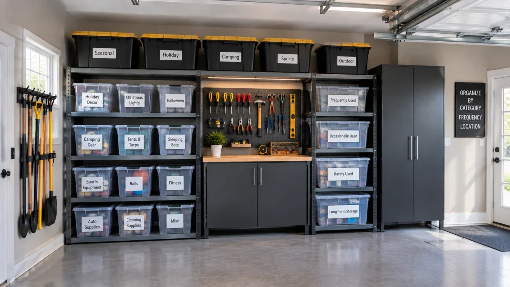 Organized garage storage system arranged by category, frequency of use, and convenient location.