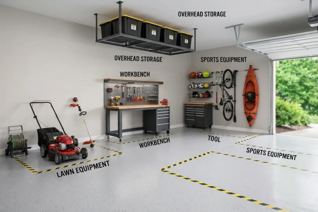 A wide-angle photograph of an immaculately organized residential garage where large items like a lawn mower, kayak, and workbench are neatly contained within designated floor markings.