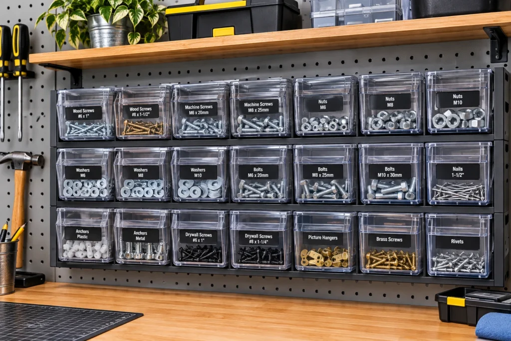 Clear labeled containers storing screws, nuts, bolts, washers, nails, anchors, and other small hardware on a garage pegboard.