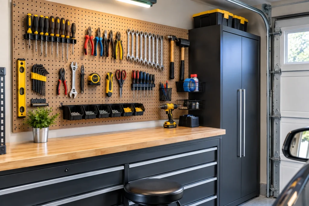 Garage pegboard organizing frequently used hand tools above a workbench.