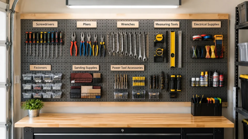Labeled garage pegboard with organized zones for screwdrivers, pliers, wrenches, measuring tools, fasteners, sanding supplies, and accessories.