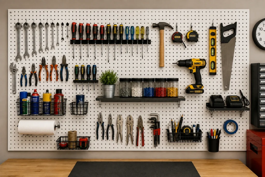 Small shelf added to a garage pegboard for tool storage and organization.
