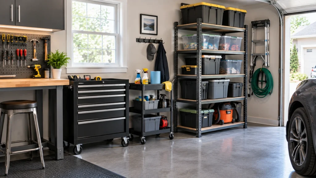 Garage with rolling tool chest and utility cart used for flexible, accessible storage beside a workbench.