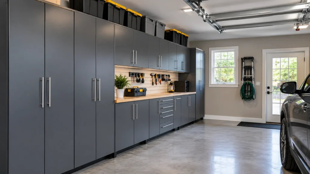 Modern garage with floor-to-ceiling cabinets installed along a side wall for organized storage.