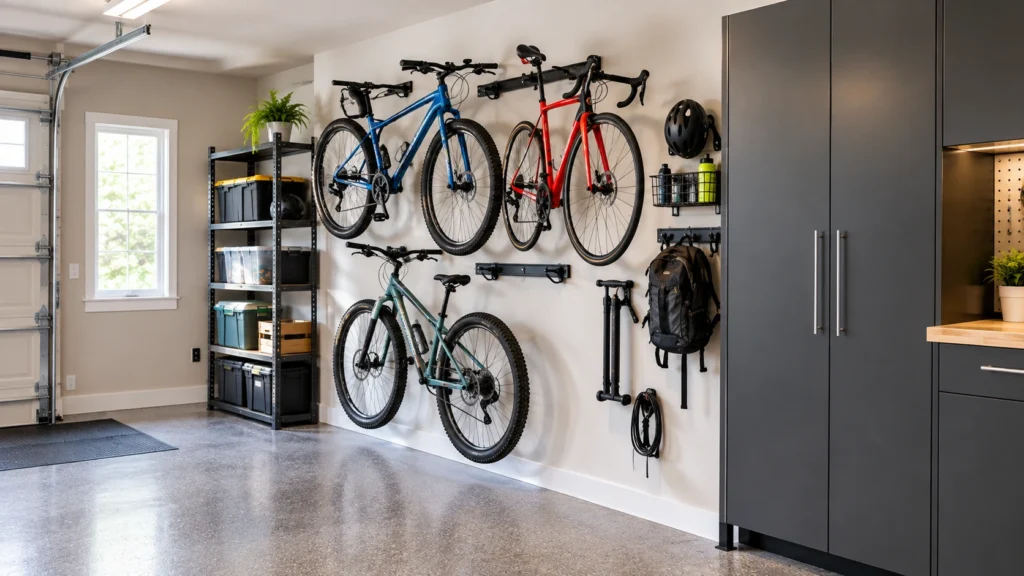 Wall-mounted garage bike storage keeping multiple bicycles safely off the floor.