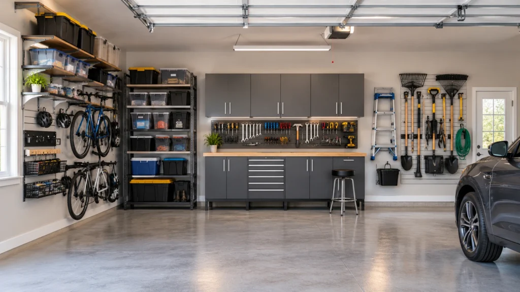 Organized garage with wall-mounted cabinets, shelves, bikes, tools, and storage bins keeping the floor clear.
