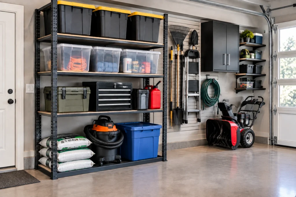 Garage storage system keeping heavy items on lower shelves and bulky equipment organized.