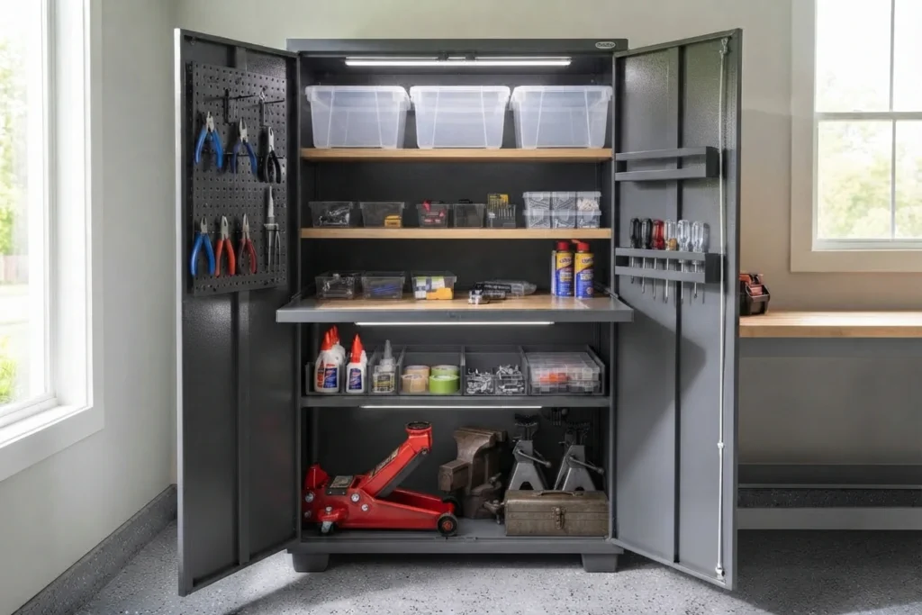 An open garage storage cabinet with heavy items like a hydraulic jack and metal toolboxes securely placed on the bottom shelves.
