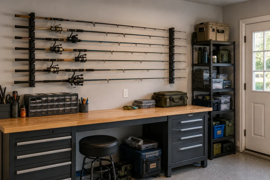 Fishing rods stored horizontally on a wall-mounted rack above a garage workbench.