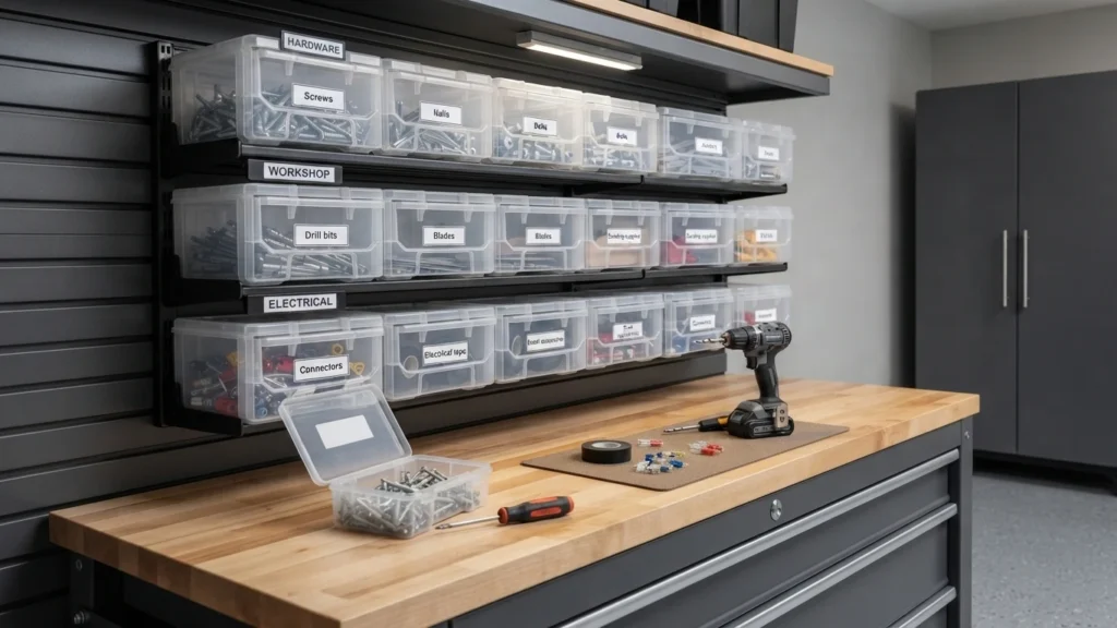 A close-up view of a garage workbench with a wall-mounted organizer holding dozens of clear, labeled bins for small hardware like screws, nails, and electrical connectors.