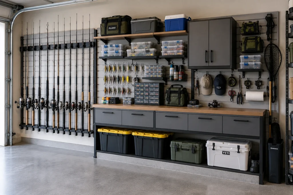 Modular garage fishing storage wall with rod holders shelves cabinets and tackle storage.