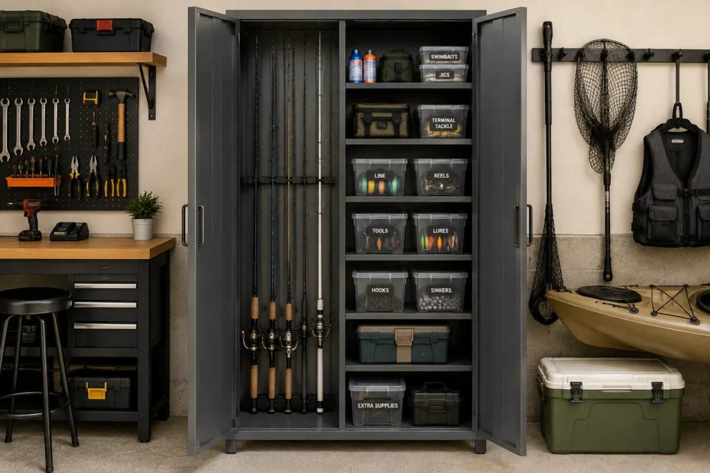 Narrow garage storage cabinet organizing fishing rods, reels, tackle boxes, and fishing gear.