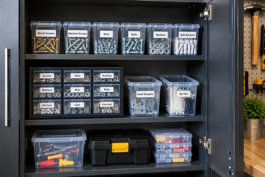 Clear containers organizing screws, nuts, bolts, washers, wall anchors, and small brackets inside a garage cabinet.