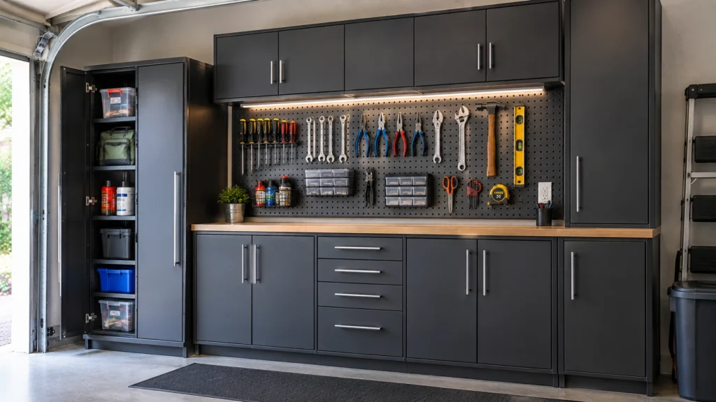 Garage pegboard combined with cabinets for open tool storage and hidden supplies.