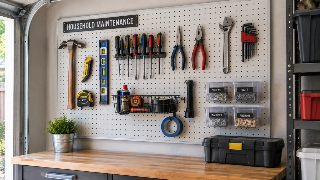 Garage pegboard tool and maintenance station with hammer, screwdrivers, pliers, tape measure, level, wrench, and small hardware.
