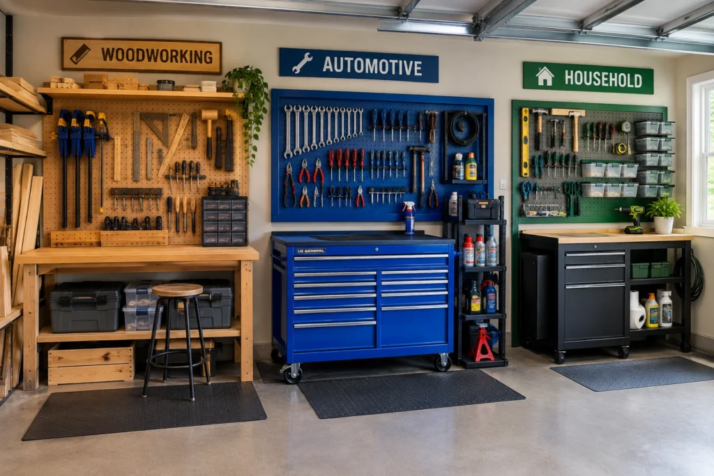 Project-based garage tool storage with separate woodworking automotive and household work zones.