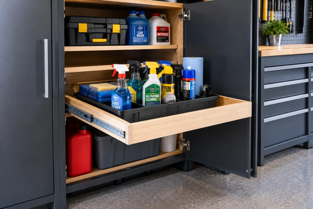 Pull-out shelf inside a deep garage cabinet for accessible storage.