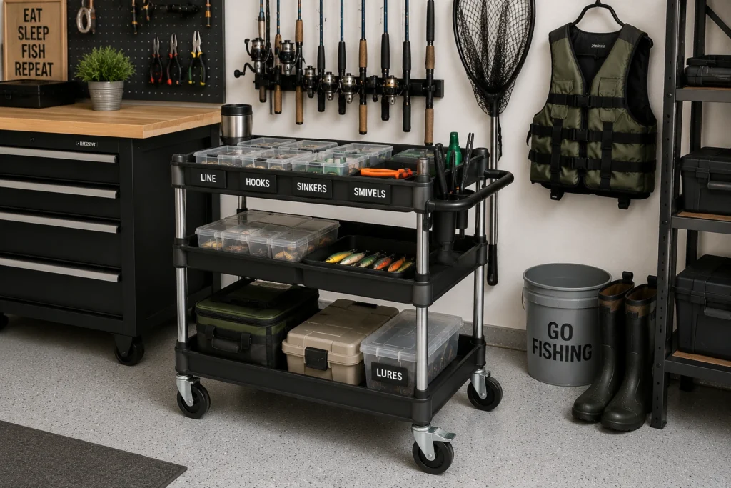 Rolling fishing gear cart with tackle and accessories in an organized garage.