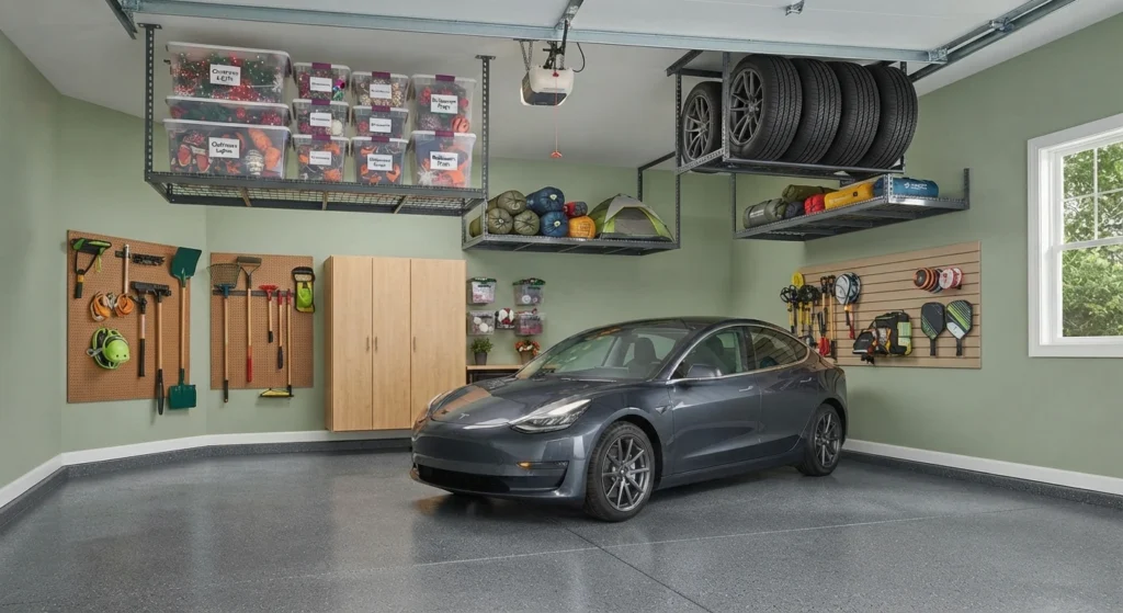 Heavy-duty overhead ceiling racks installed in a single-car garage to securely store seasonal bins, tires, and gear.