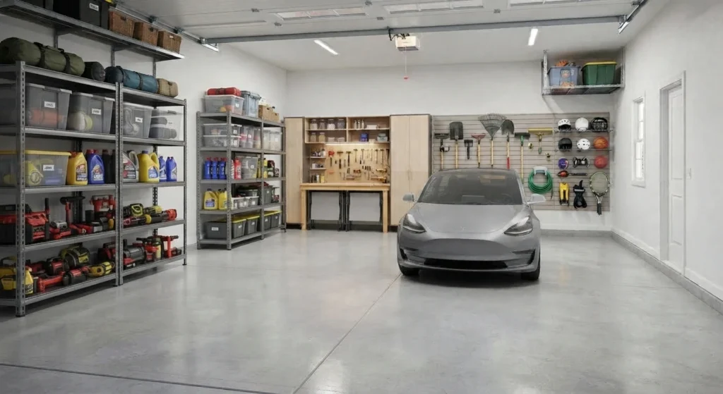 all narrow metal shelving units organized vertically along the wall of a single-car garage to maximize floor space. 