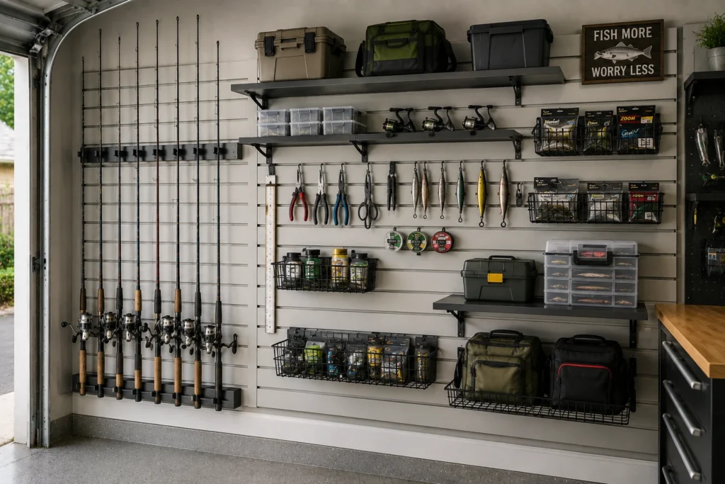 Garage slatwall system with fishing rods, tackle boxes, reels, baskets, and adjustable storage accessories