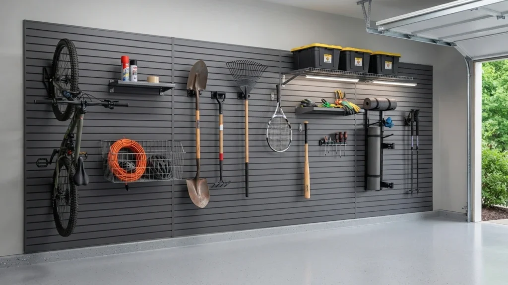 A highly adaptable residential garage storage wall using dark grey slatwall panels to hold a variety of items like a bike, shovel, rake, tennis racket, and storage bins.