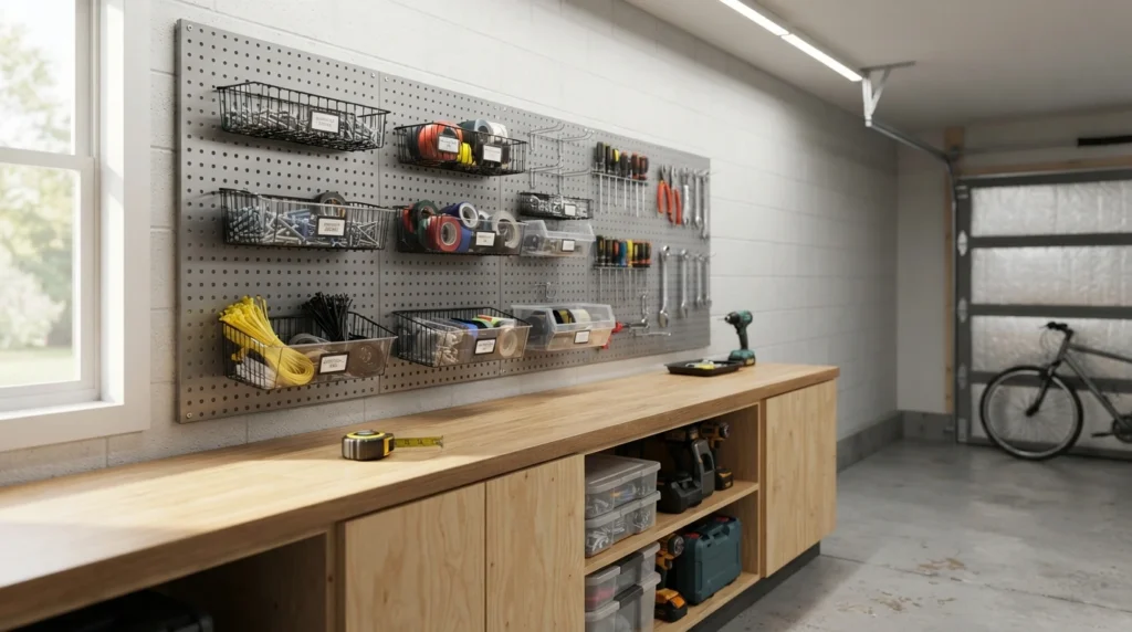 Garage pegboard wall featuring small baskets neatly organizing loose accessories like screws, zip ties, and electrical tape.