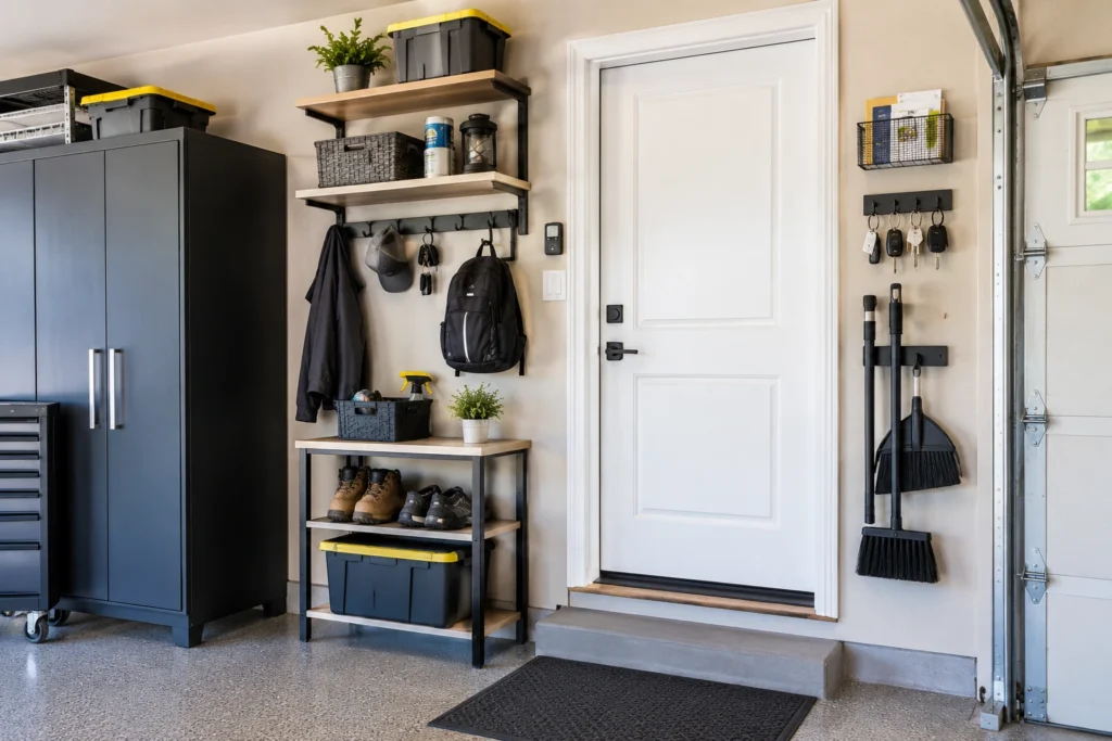Garage entry door with a narrow wall storage area for shoes, keys, cleaning tools, and everyday essentials.
