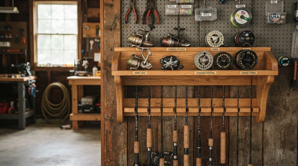 A dedicated wooden shelf inside an organized American garage holding several neatly arranged fishing reels next to a mounted rod rack.