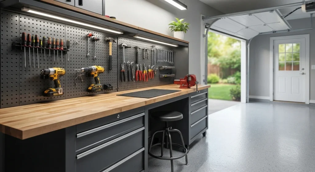 A well-organized garage workbench with a pegboard wall storing frequently used tools like drills, screwdrivers, and hammers above it.