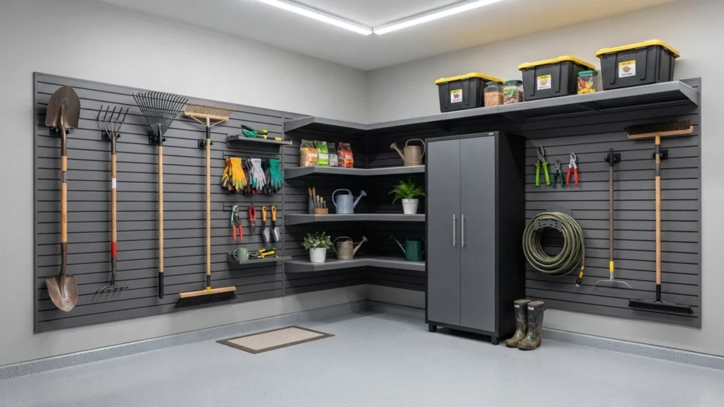 A meticulously organized residential garage corner transformed into a dedicated gardening storage zone with a tall cabinet, corner shelves, and wall-mounted tools.