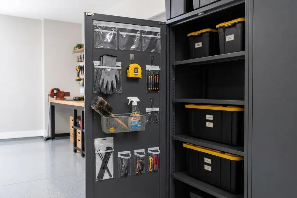 The open door of a dark grey metal garage cabinet, meticulously organized on the inside with clear pouches, a wire basket, and hooks holding gloves, a tape measure, and small tools.