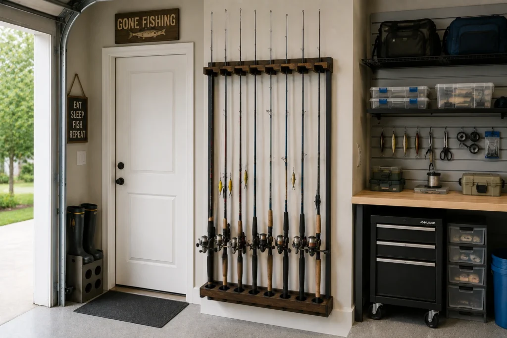 Vertical wall-mounted fishing rod storage beside a garage entry door.