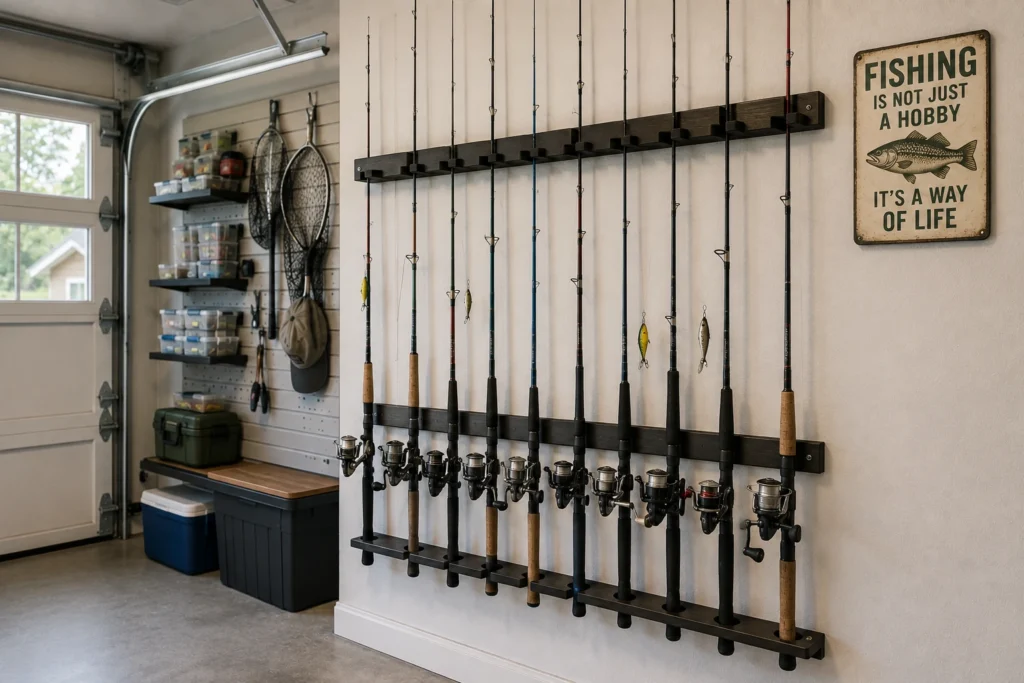 Wall-mounted fishing rod rack keeping fishing rods organized in a garage.